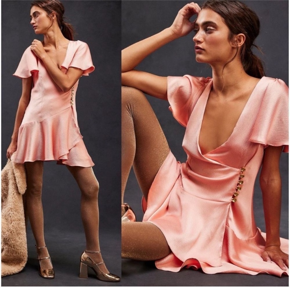 Free People Dress Scarlett Satin Ruffle Wrap Mini Peach Size‎ Small NWT